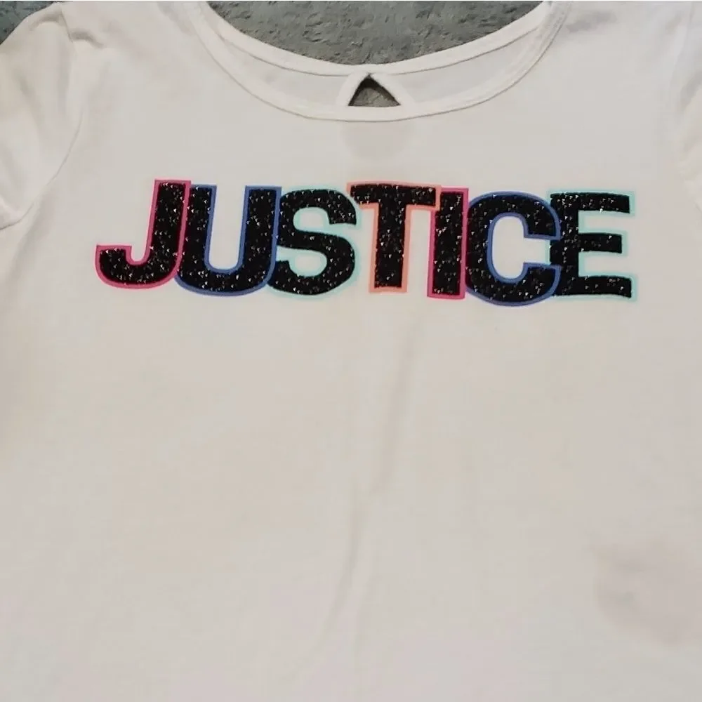 Girls Justice White Black Logo Glitter Graphic Tee XL
